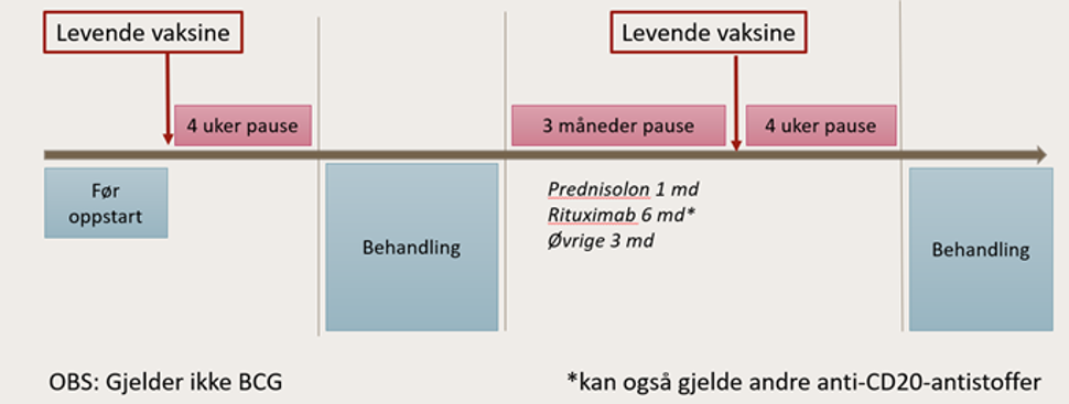 Figur 1: Levende, svekkede vaksiner kan gis før oppstart av immundempende behandling eller ved behandlingspause Figur 1: Levende, svekkede vaksiner kan gis før oppstart av immundempende behandling eller ved behandlingspause