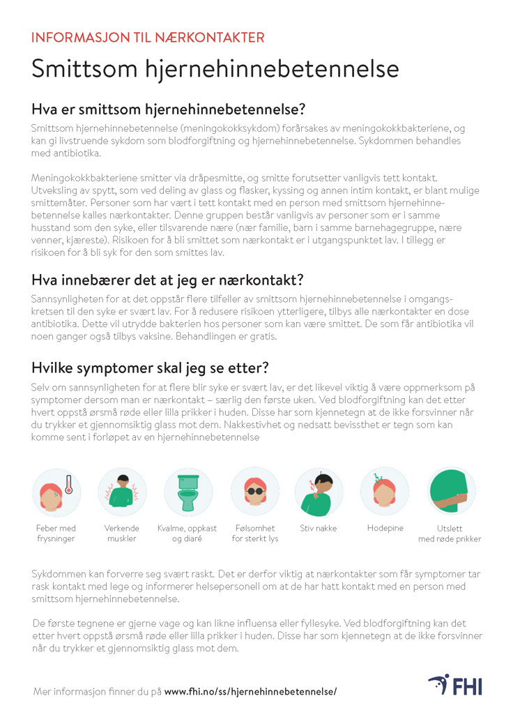 skjermdump av informasjonsark til nærkontakter av tilfeller med smittsom hjernehinnebetennelse